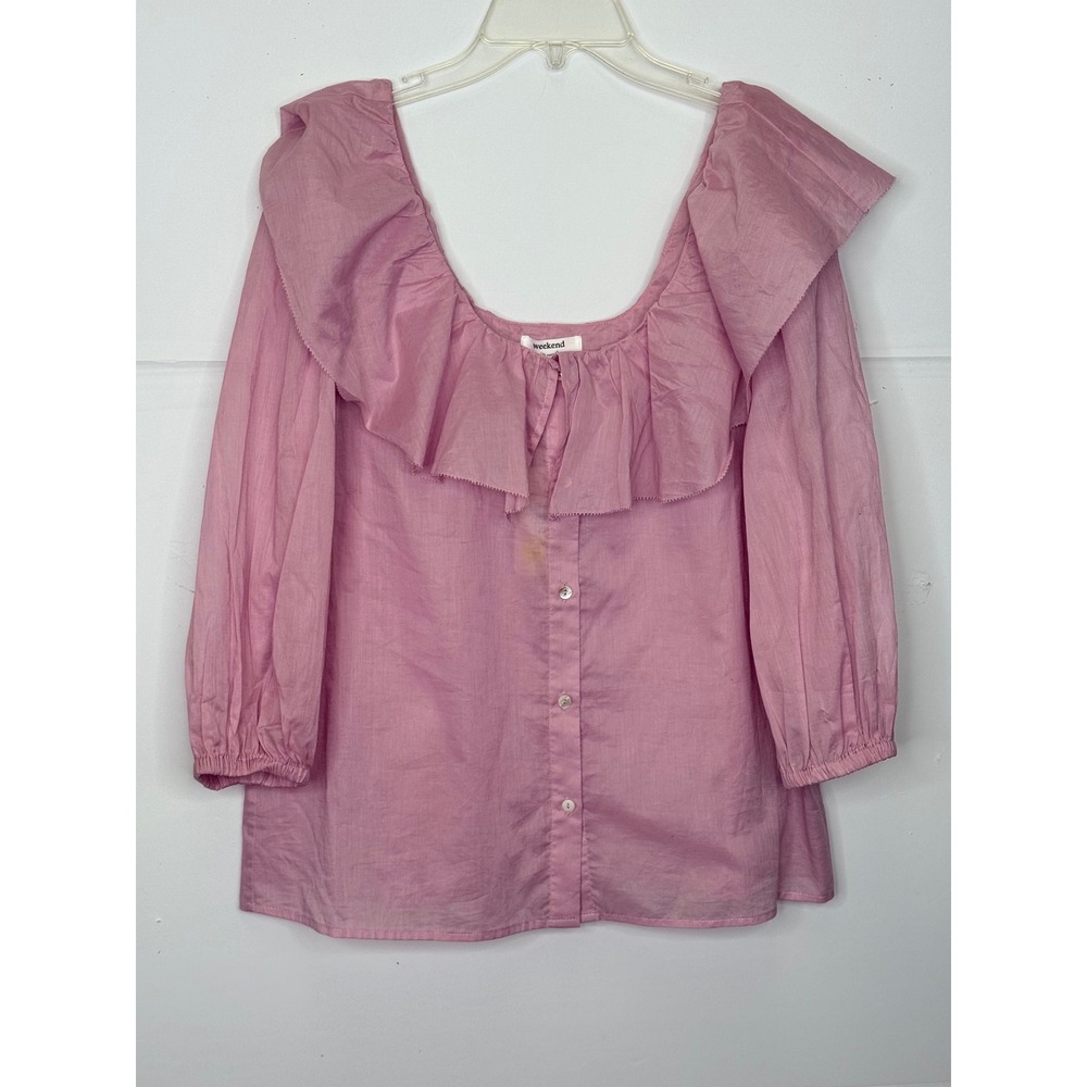 Weekend Los Angeles Ruffle 3/4 Sleeve Blouse Women M Pink CottonTop Cottage Soft